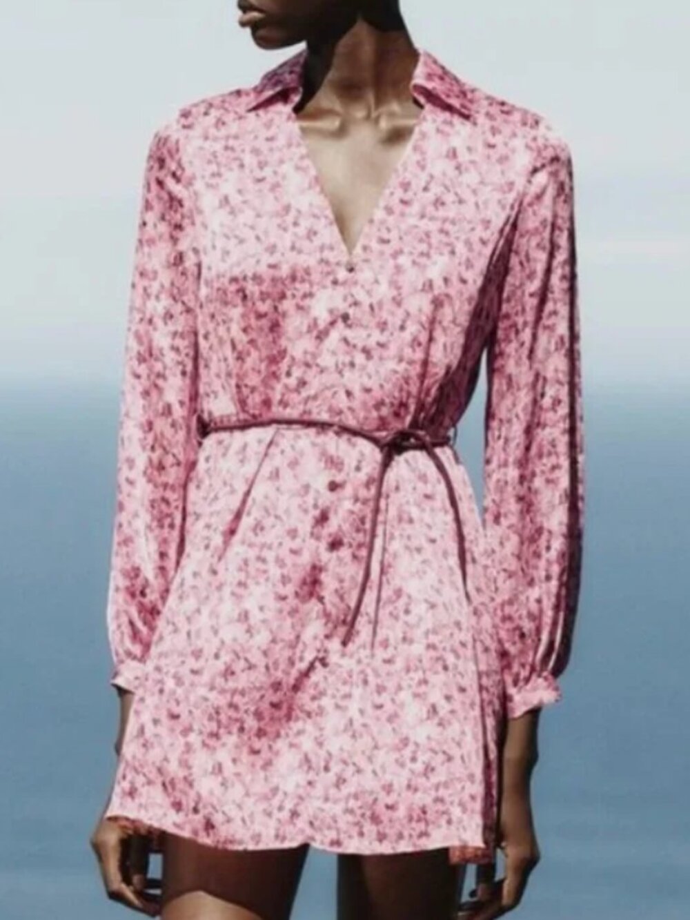 Zara Pink Floral Long-Sleeve Wrap Dress with Tie Waist